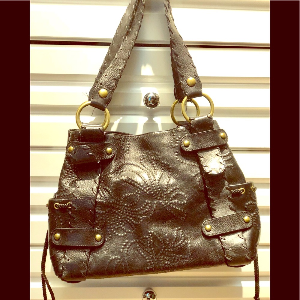 Kooba Sienna Embossed Floral Black Leather Bag